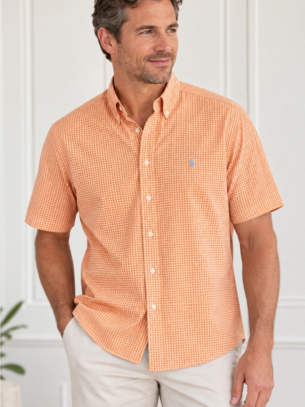 Polo by Ralph Lauren Men's Orange Gingham Button-Down Shirt Sz